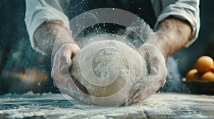 A person is vigorously kneading dough on top of a wooden table covered in flour