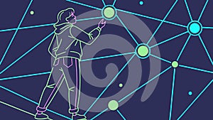 Person with VR Headset Interacting with Digital Network, vector design Generative AI