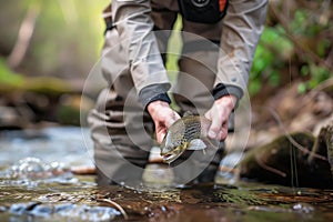 person in waders holding a trout in a creek