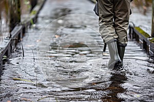 a person in waders stands on a flooded swamp pier photo
