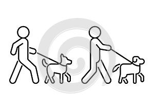 Person walk with dog on leash, line icon. Owner pet, breeder. Dog sitting. Vector sign