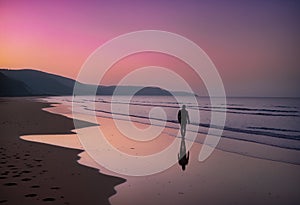 person walking along the beach towards the ocean at sunset with footprints in the wet sand