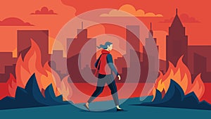 A person walking away from a burning city representing the stoic ability to detach from external circumstances.. Vector photo