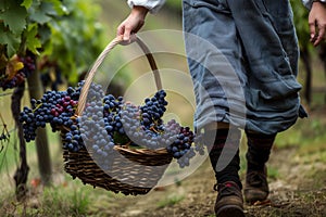 person walking with basket of freshpicked grapes