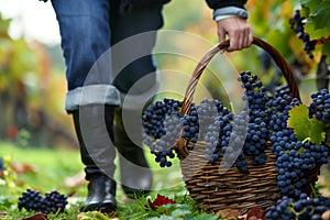 person walking with basket of freshpicked grapes