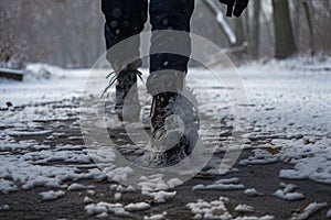 person, walking through blizzard, with ice and snow crunching underfoot
