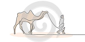 Person walking with camel on dessert one continuous line drawing minimal design
