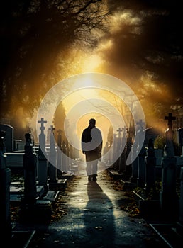 Person walking through a cemetery photo