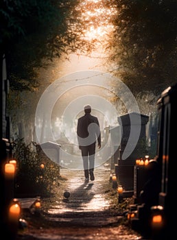 Person walking through a cemetery photo