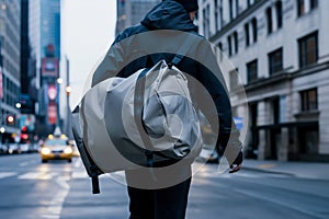 person walking on a city street with a large duffle bag over their shoulder