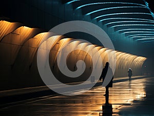 a person walking in a dark tunnel at night