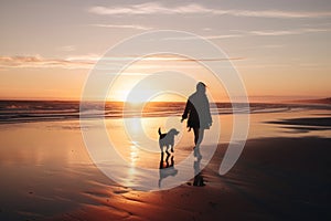 A person walking a dog on a beach at sunset. Generative AI image.