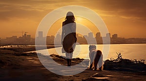person walking with dog at beach at sunset, woman play with pet at nature, silhouette of female and animal playing