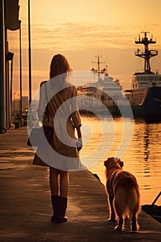 person walking with dog at beach at sunset, woman play with pet at nature, silhouette of female and animal playing