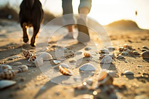person walking a dog, shells scattered on the sand