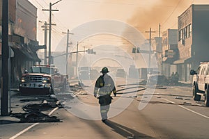person, walking down burned city street, with view of fire trucks and other emergency vehicles in the background