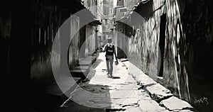 a person walking down a narrow alley