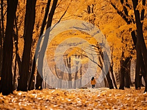 a person walking down a path in an autumn forest