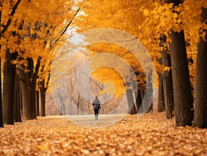 a person walking down a path in an autumn forest