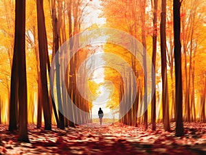 a person walking down a path in an autumn forest