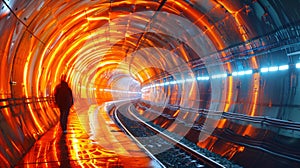 A person walking down a tunnel with orange lights and train tracks, AI
