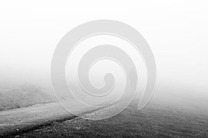 Person walking on foggy road