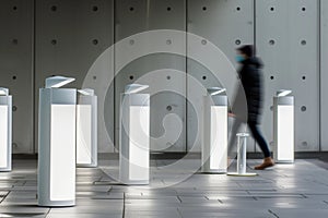 person walking past a series of white, sleek, energyefficient light fixtures photo