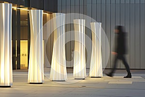 person walking past a series of white, sleek, energyefficient light fixtures photo