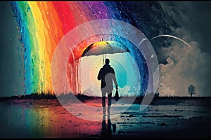 person, walking in the rain, with rainbow umbrella and colorful sky in the background