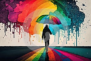 person, walking in the rain, with rainbow umbrella and colorful sky in the background