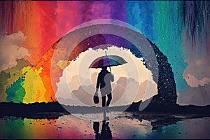 person, walking in the rain, with rainbow umbrella and colorful sky in the background