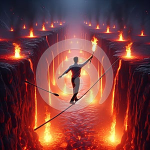 A person walking a tightrope over a pit of lava