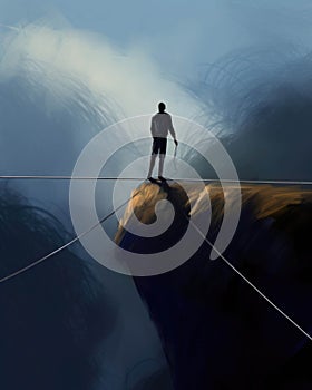 A person walking on a tightrope symbolizing the difficulty of navigating through somebody elses fear. Psychology