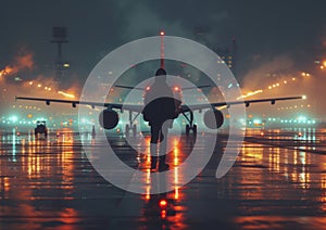 Person is walking towards plane at night