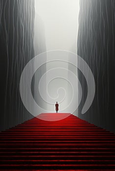 A person walking up a red carpeted staircase. Generative AI image. photo