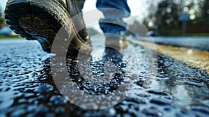 A person walking on a wet road with rain drops and puddles, AI photo