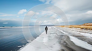 Person walks on snowy beach under cloudy sky.