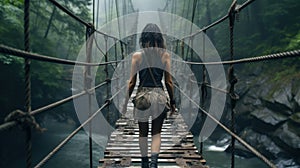 Person walks on suspension wooden bridge in misty jungle, woman is on old footbridge across river. Scene with girl tropical forest