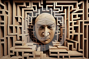 Person wanders in labyrinth of his consciousness. Man silhouette in mase of his mand. Mental health and depression