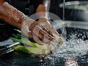 A person washes an assortment of fresh vegetables in a kitchen sink, preparing them for culinary creations