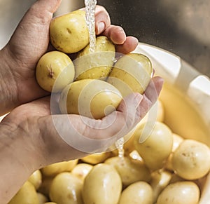 A person washing potatoes  under running water food photography recipe idea