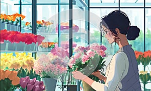 person watering flowers. woman collects a bouquet in a glassed flower shop photo