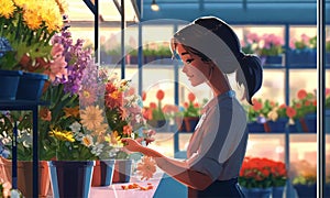 person watering flowers. woman collects a bouquet in a glassed flower shop photo
