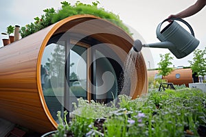 person watering plants on a green roof atop a pod house