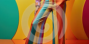 Person wearing brightly colored jumpsuit with wide legged pants and collared shirt reflecting fashion of 70s, concept of