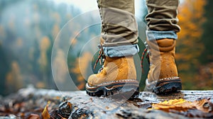 Person Wearing Brown Hiking Boots Standing in Autumn Forest,AI Generated