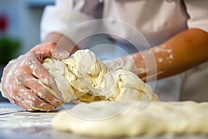 person wearing a chefs hat checking dough texture for elasticity photo