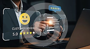 Online customer review experience concept with person using smartphone for feedback and rating system