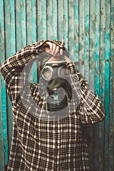 Person wearing a gas mask. Contamination concept