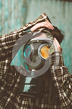 Person wearing a gas mask. Contamination concept